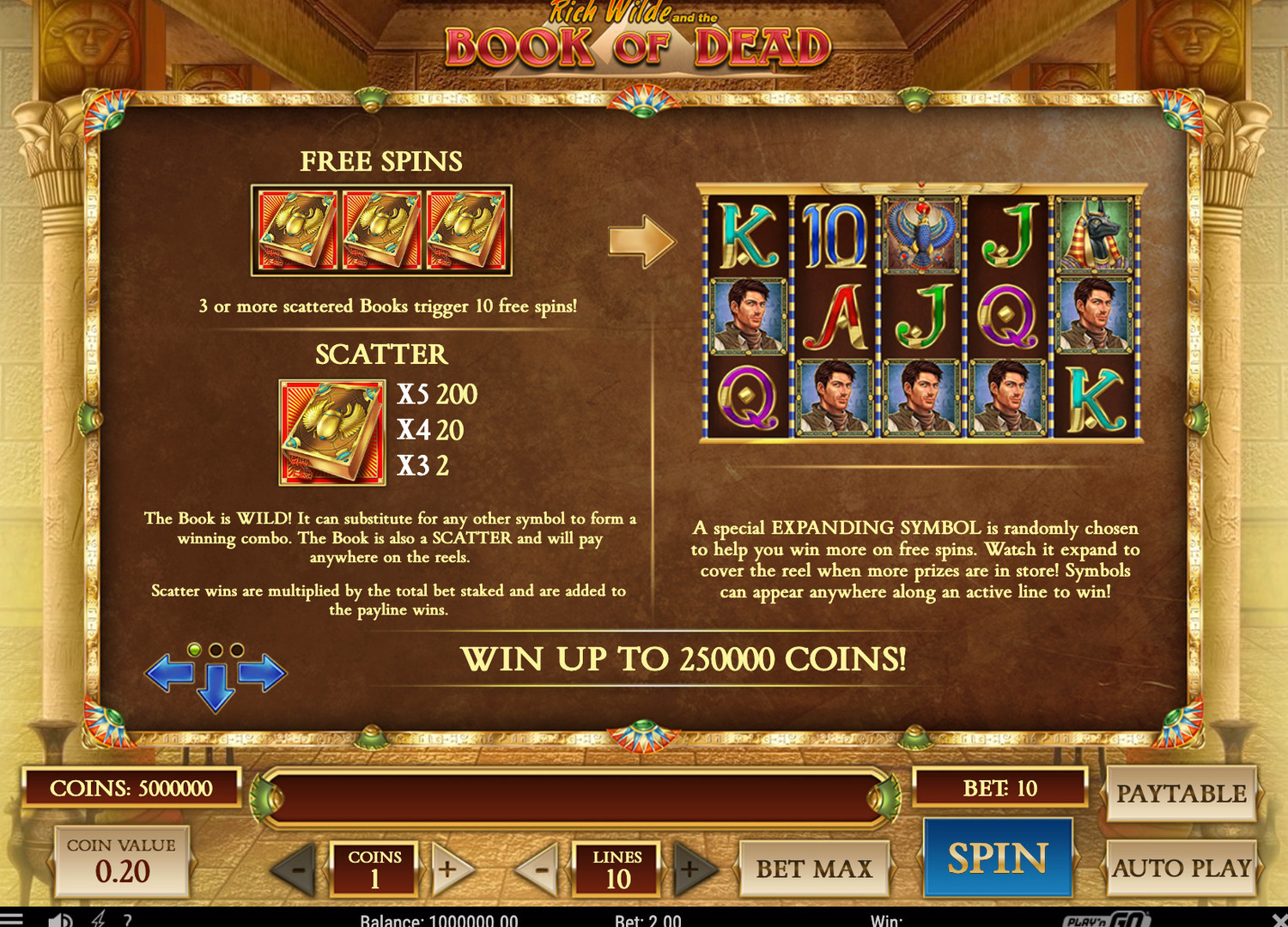 book of dead paytable